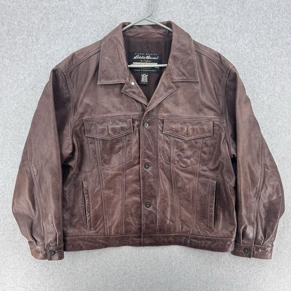 Vintage Eddie Bauer Real Leather Button-up Trucker Jacket Sz L - Brown 90s Y2K